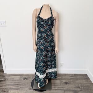 [Vintage] 70s Green Floral Sleeveless Halter Neck Boho Maxi Dress Size Medium M